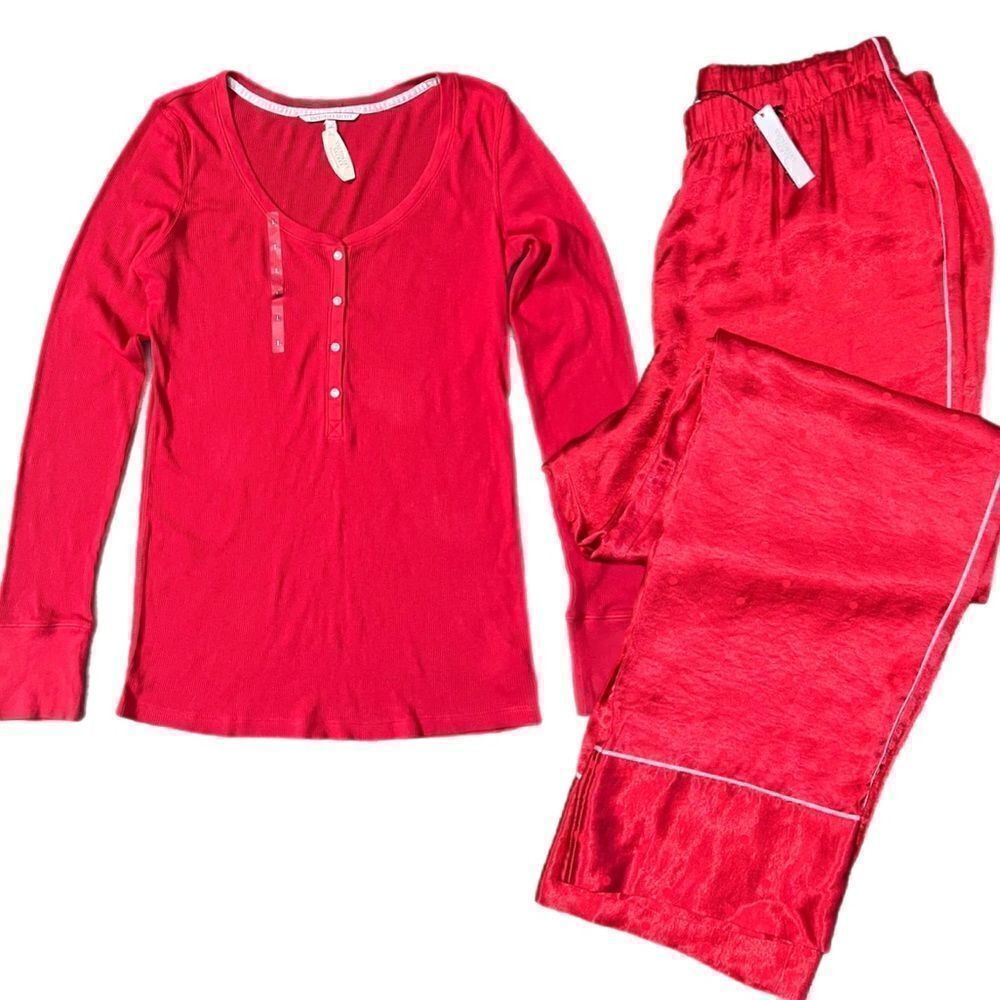 Victorias Secret Silky Satin thick pants & soft Ribbed top pajama set red